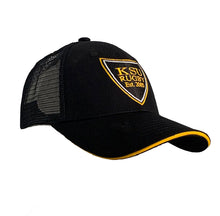 Load image into Gallery viewer, KSU Shield logo Black/Gold Mesh Snap Back

