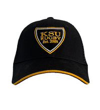 Load image into Gallery viewer, KSU Shield logo Black/Gold Mesh Snap Back
